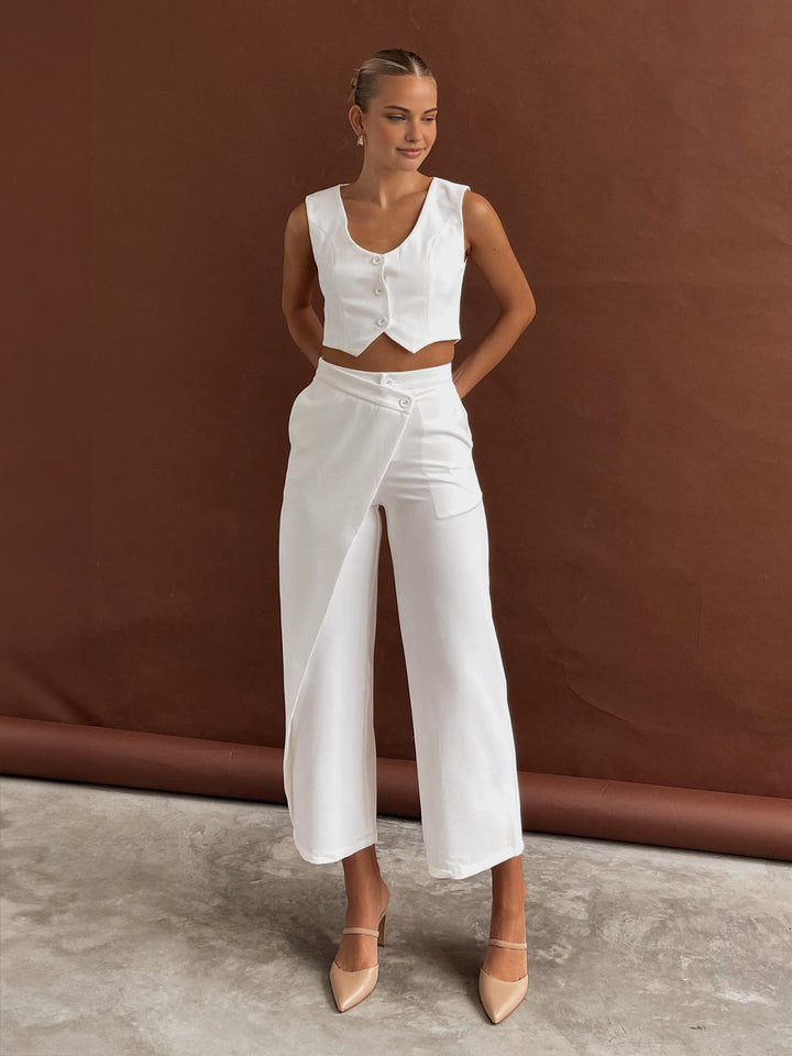 Solid Asymmetrical Straight Leg Pants Set  Liora Lane Boutique Pant Sets White / XL 153.99