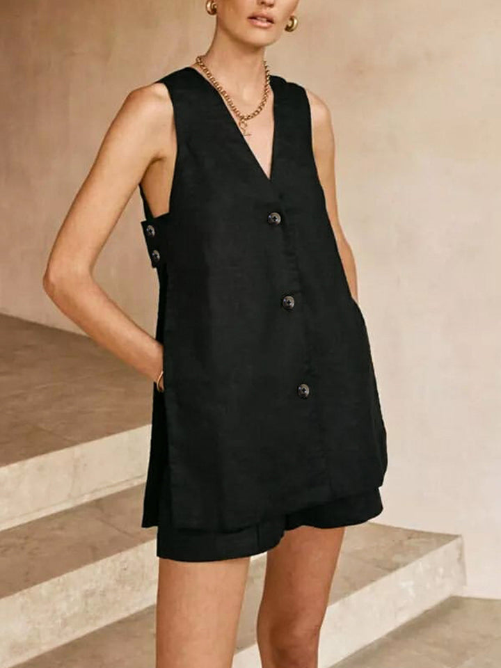 V-neck Sleeveless Vest with High-waisted Shorts Set  Liora Lane Boutique Short Sets Black / XL 42.00