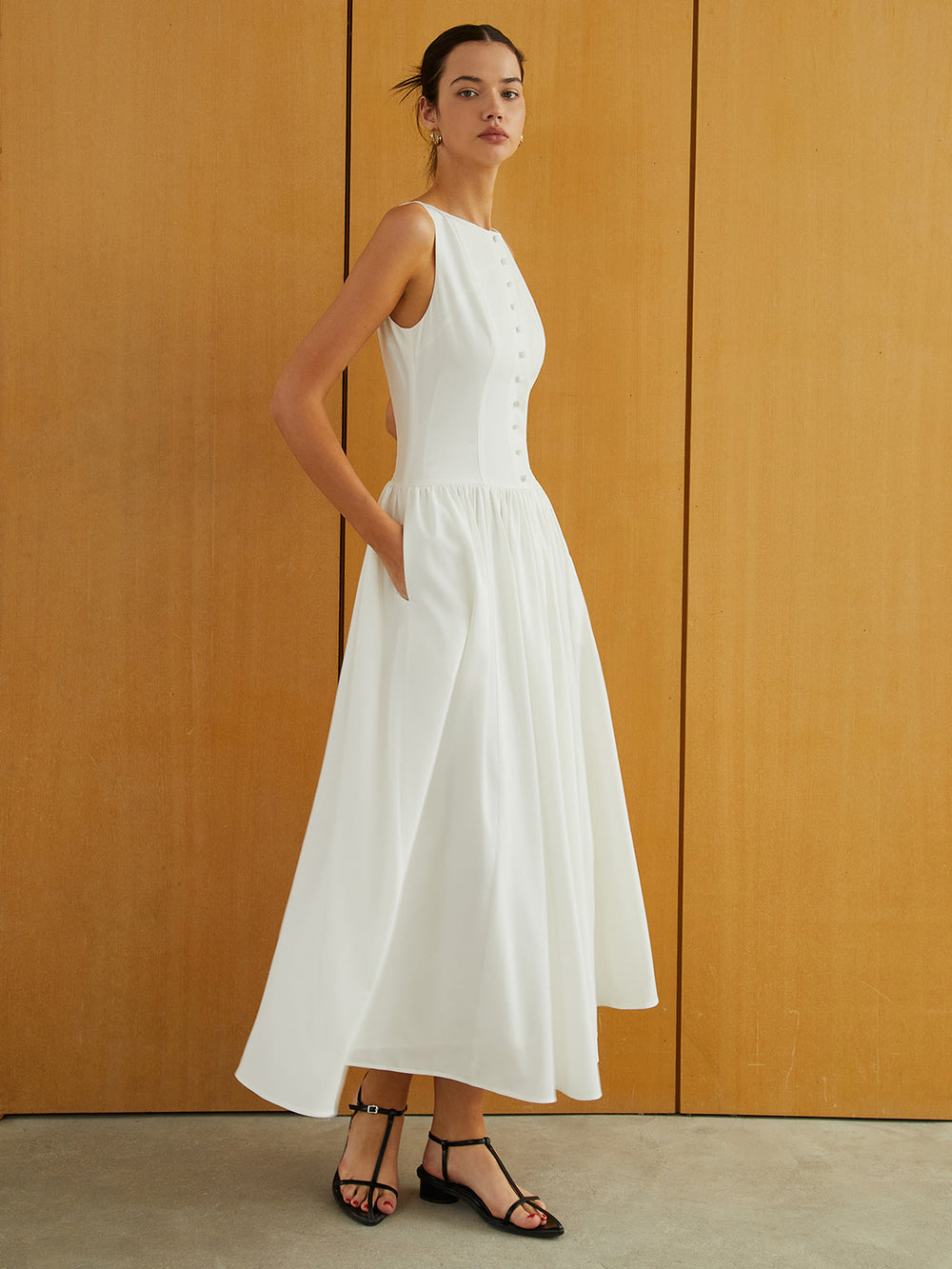 Button-Front Sleeveless Pockets Long Dress  Liora Lane Boutique Dresses