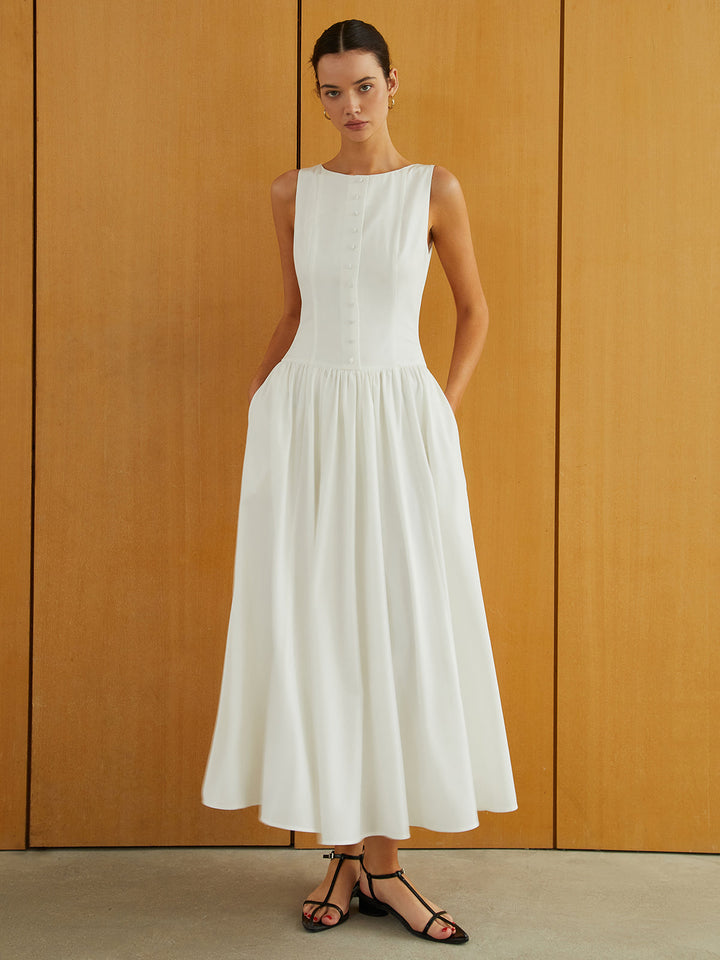 Button-Front Sleeveless Pockets Long Dress  Liora Lane Boutique Dresses White / XL 84.99