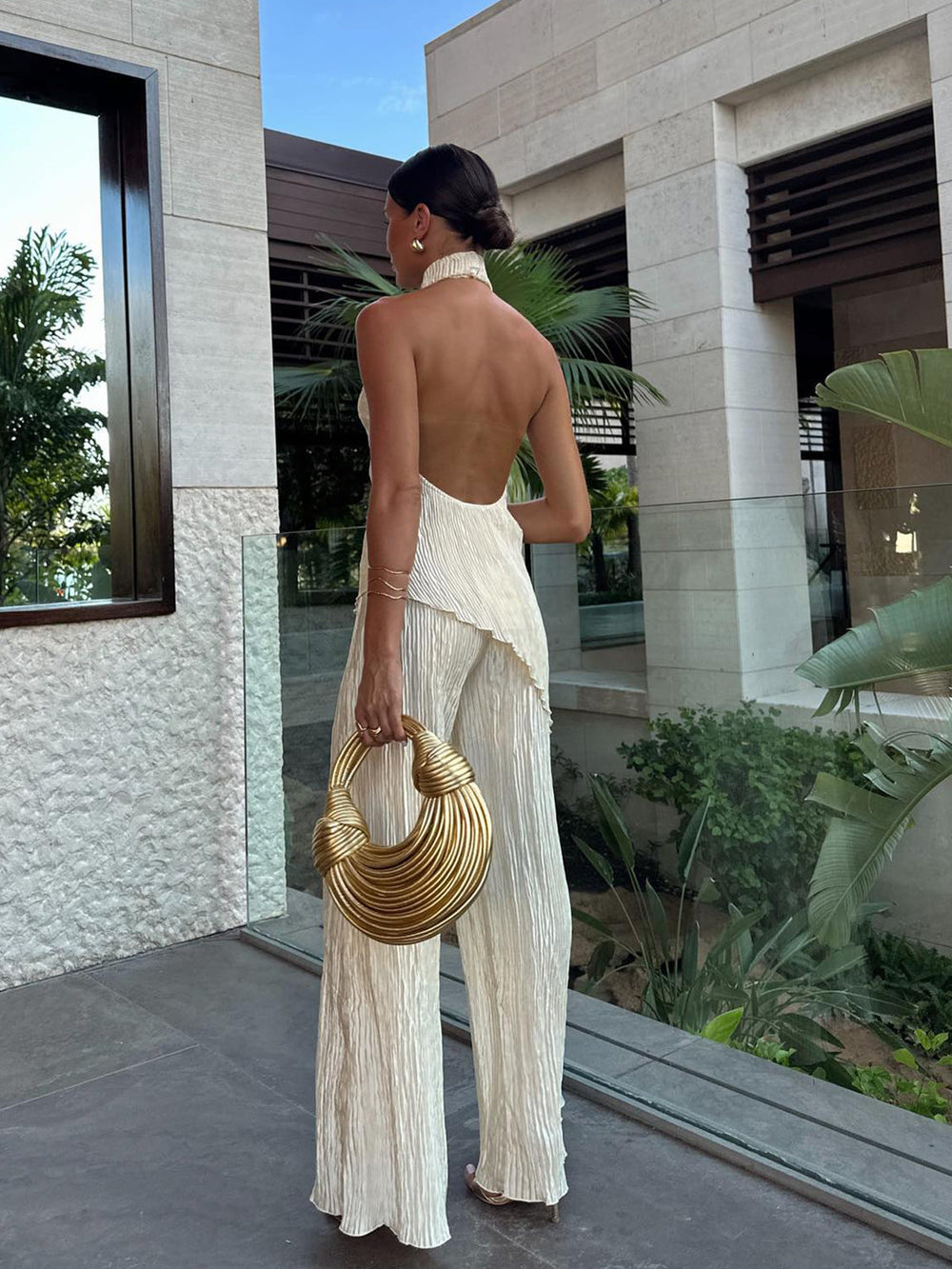 Asymmetric Halter Crop Top With Wide Leg Pants Set  Liora Lane Boutique Pant Sets
