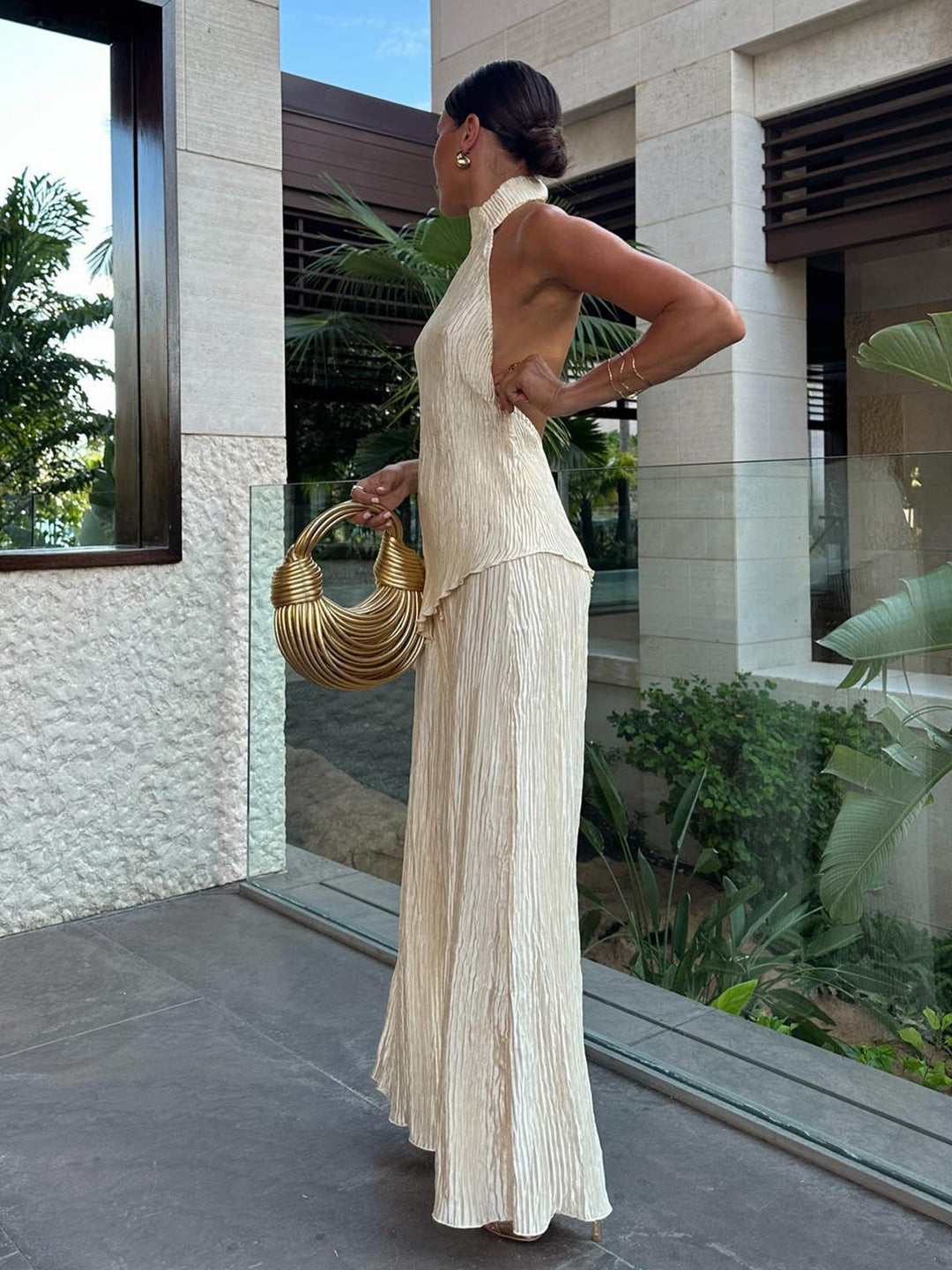 Asymmetric Halter Crop Top With Wide Leg Pants Set  Liora Lane Boutique Pant Sets