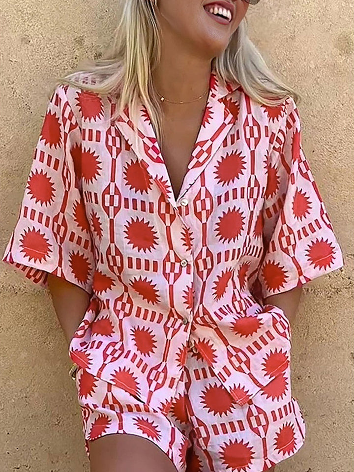 Tropical Print Drawstring Shorts Set  Liora Lane Boutique Short Sets Red / XL 42.00