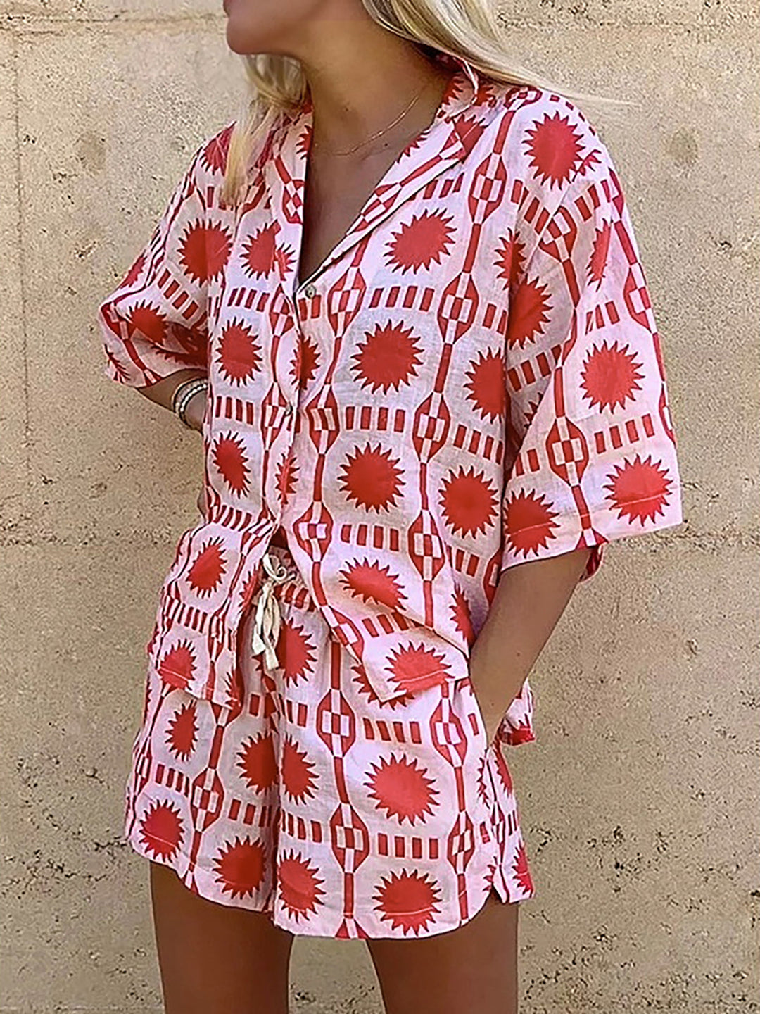 Tropical Print Drawstring Shorts Set  Liora Lane Boutique Short Sets