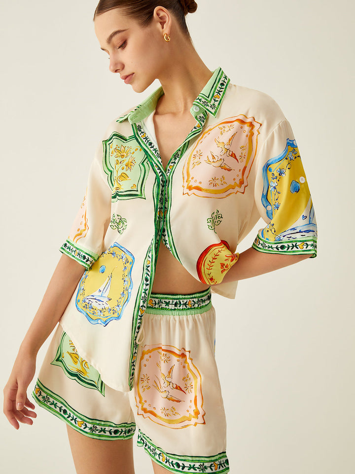 Loosen Printed Satin Shorts Set  Liora Lane Boutique Short Sets Off-White / XL 48.00