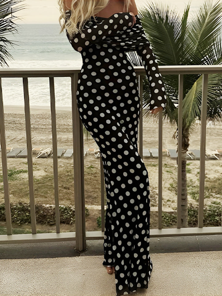 Long Sleeve Off-Shoulder Polka Dot Print Long Dress  Liora Lane Boutique Dresses
