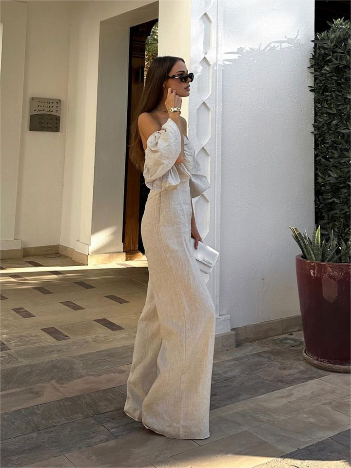 Linen Blends Puff Sleeve Jumpsuit  Liora Lane Boutique Jumpsuits