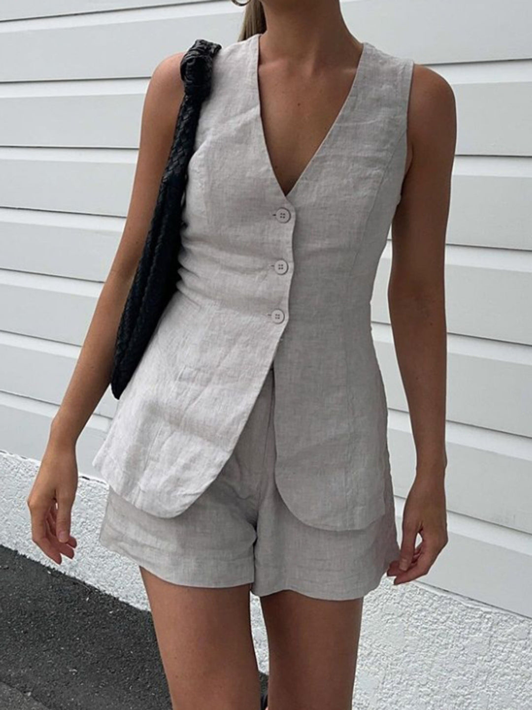 Drawstring Split Casual Shorts Set  Liora Lane Boutique Short Sets Light Grey / XL 42.00