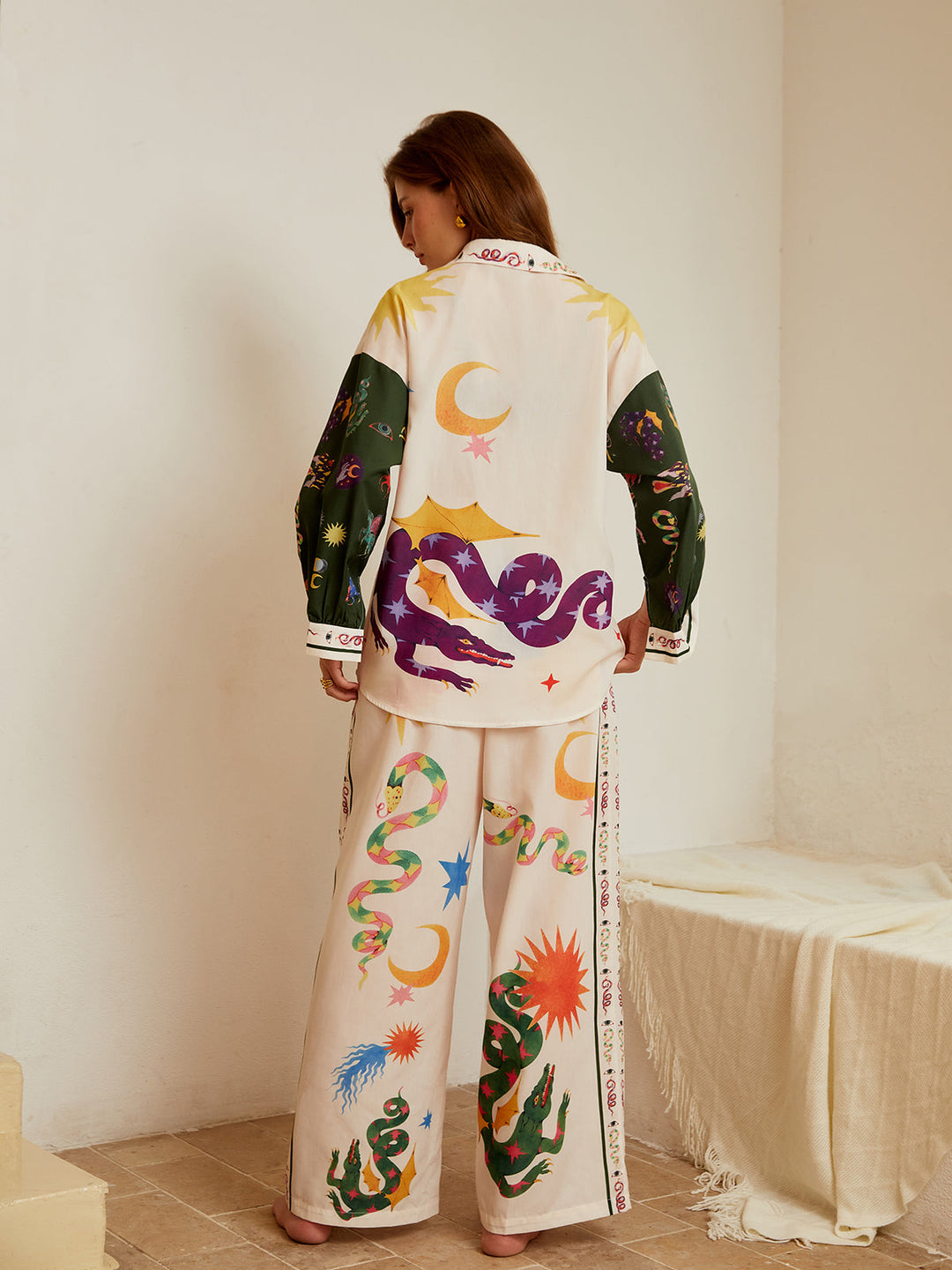 Boho Print Loose Shirt With Wide Leg Pants Set  Liora Lane Boutique Pant Sets