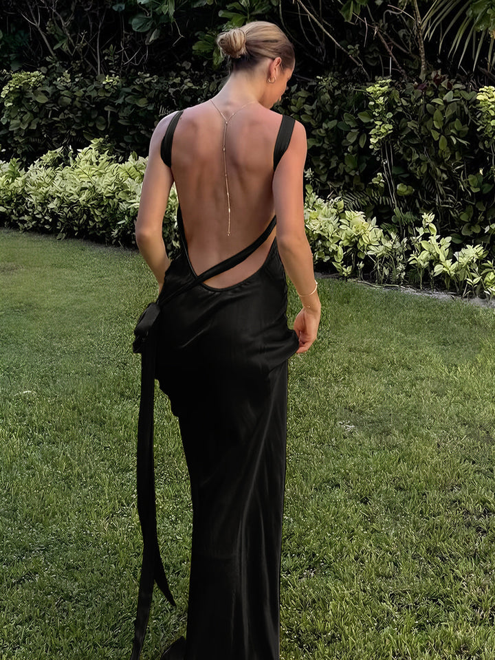 Semi-Sheer Satin Asymmetrical One Shoulder Long Dress  Liora Lane Boutique Dresses Black / XL 39.00
