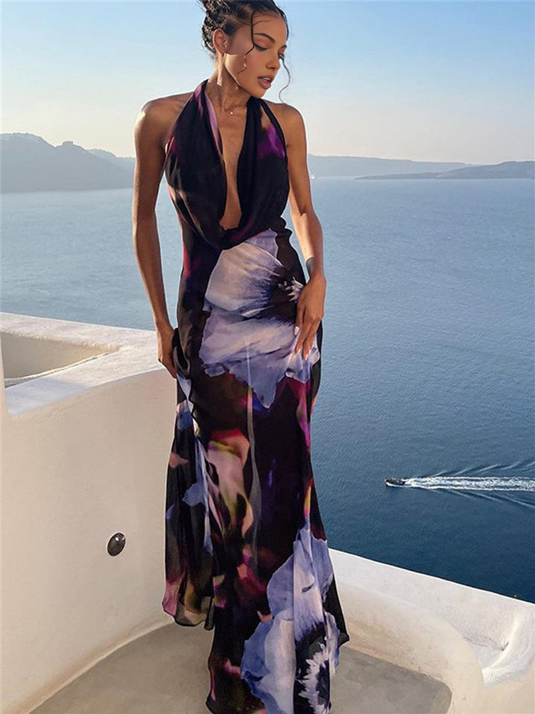 Semi-Sheer Print Backless Halter Dress  Liora Lane Boutique Dresses Black / XL 48.00