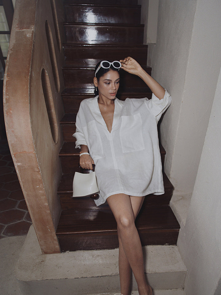 Linen Pockets Semi-Sheer Long Sleeve Dress  Liora Lane Boutique Dresses