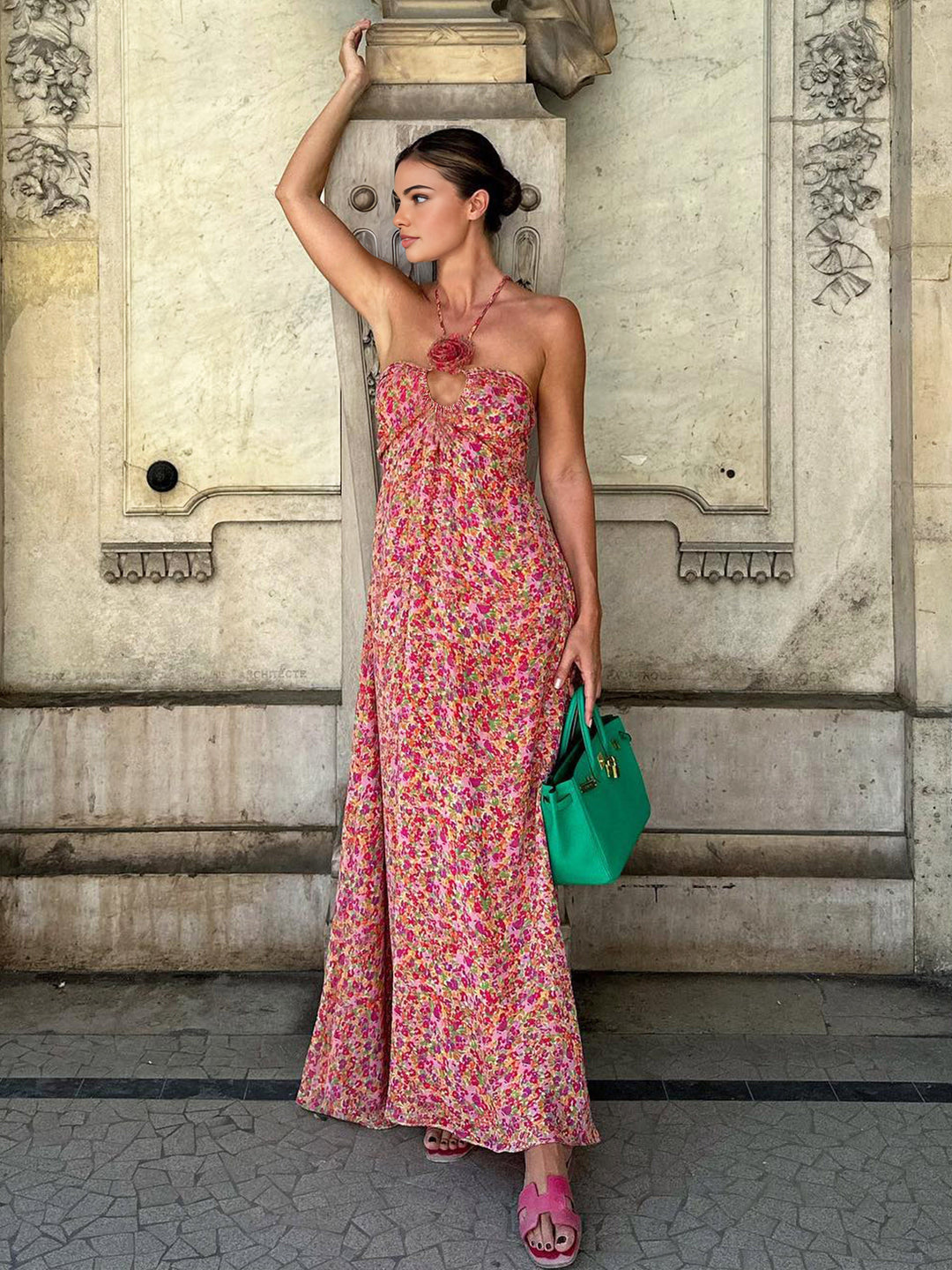 Boho Floral Print Rosette Decor Halter Long Dress  Liora Lane Boutique Dresses