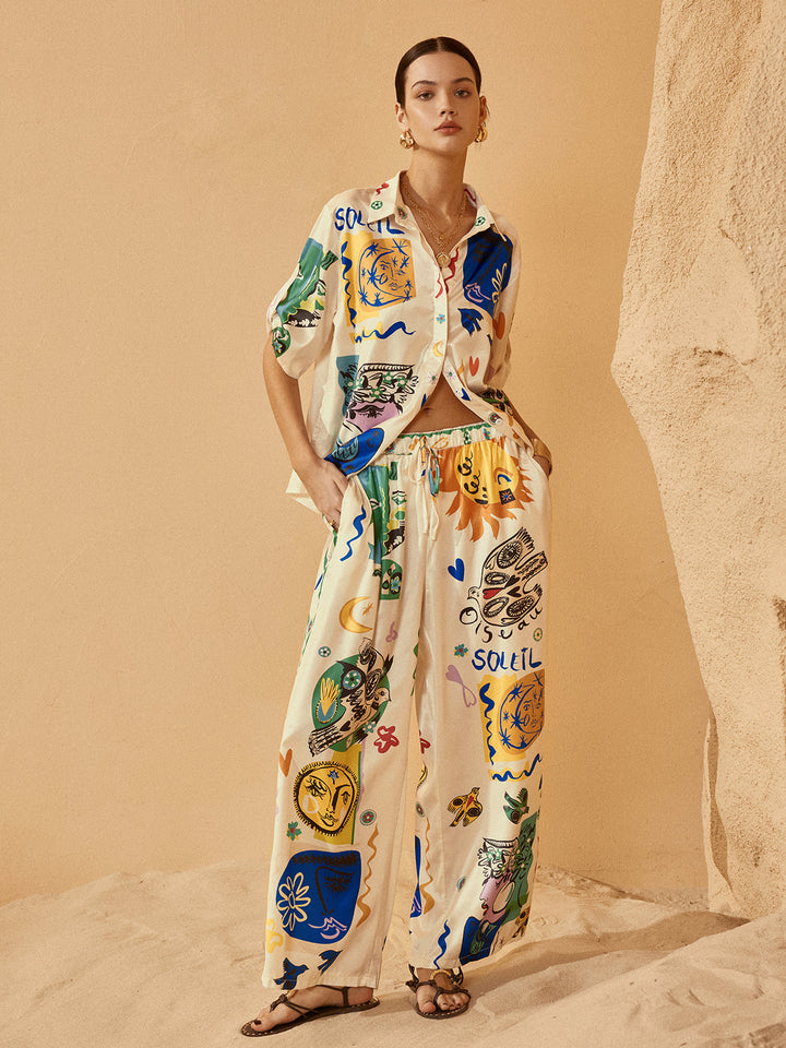 Satin Graffiti Lapel Pants Set  Liora Lane Boutique Pant Sets