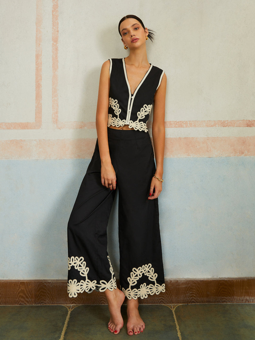 Casual Embroidery Sleeveless Zipper Pants Set  Liora Lane Boutique Pant Sets