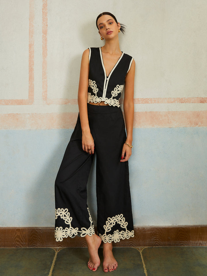Casual Embroidery Sleeveless Zipper Pants Set  Liora Lane Boutique Pant Sets