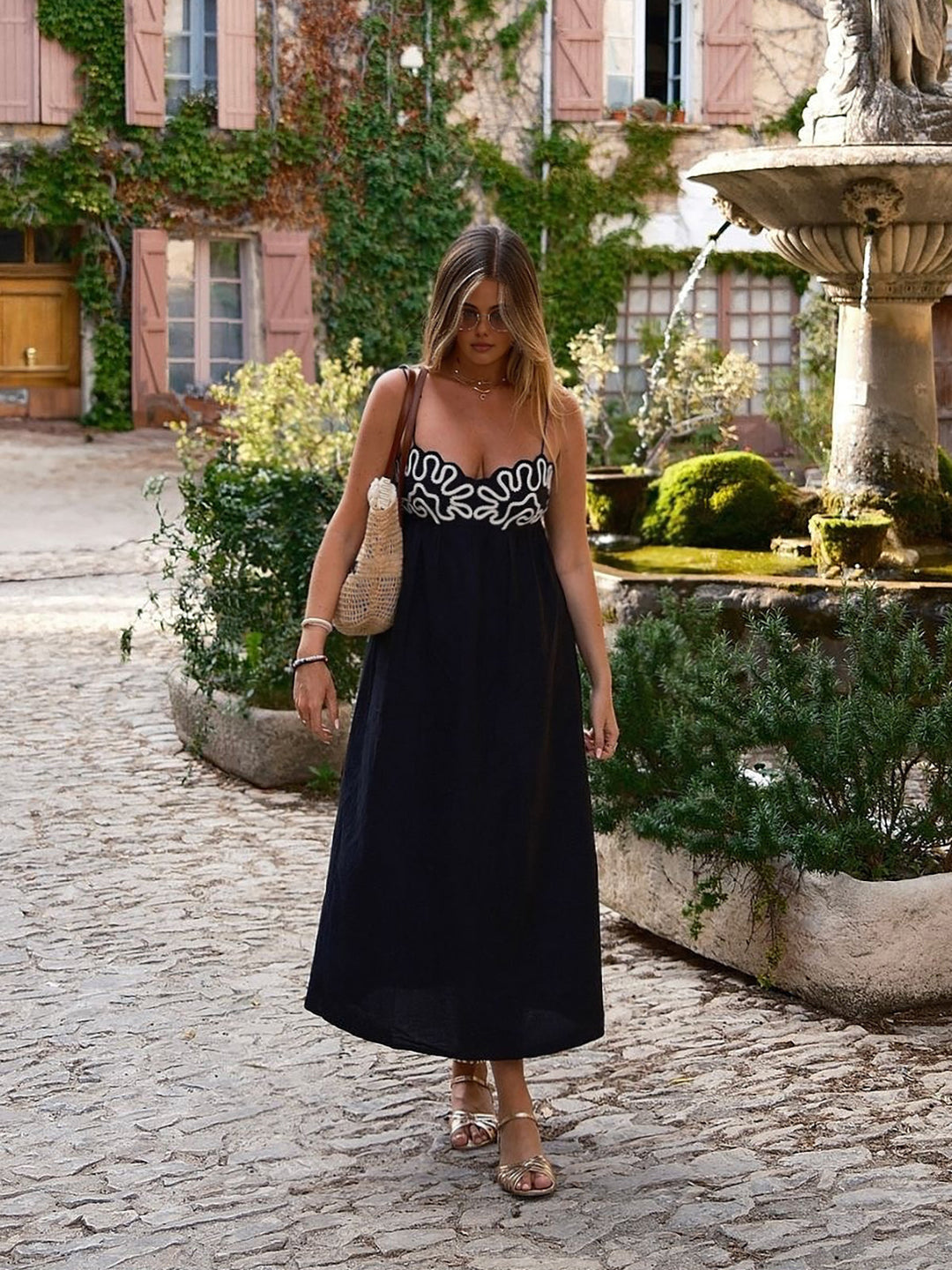 Embroidered Shirred Spaghetti Strap Long Dress  Liora Lane Boutique Dresses