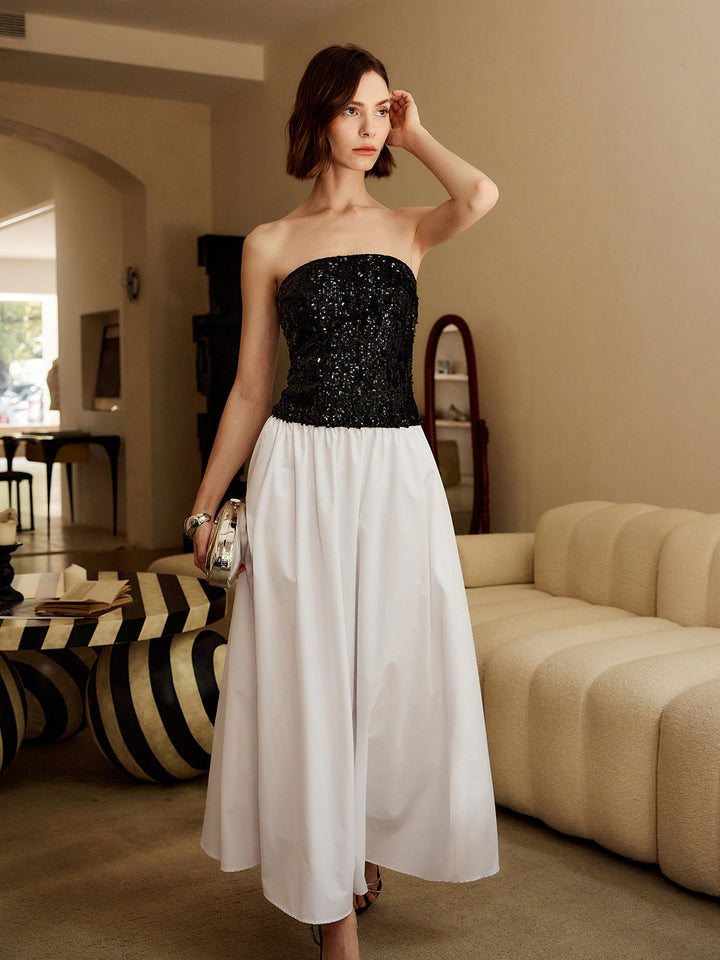 Pleated Sequins Tube Long Dress  Liora Lane Boutique Dresses BlackandWhite / XL 52.00