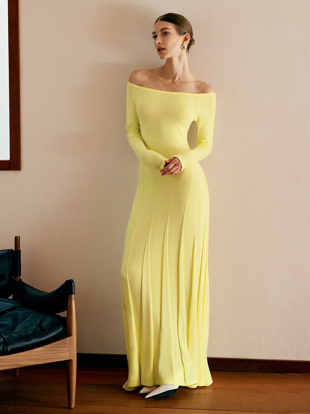 Off Shoulder Pleated  Sweater Dress  Liora Lane Boutique Sweater Dresses Yellow / XL 65.00