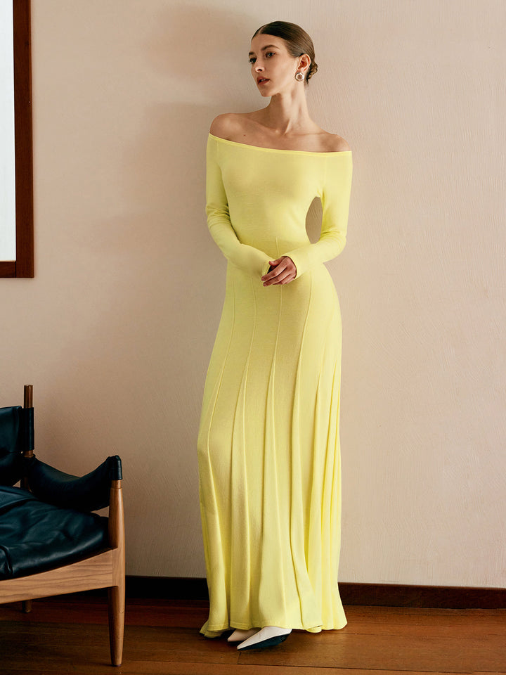 Off Shoulder Pleated  Sweater Dress  Liora Lane Boutique Sweater Dresses Yellow / XL 65.00