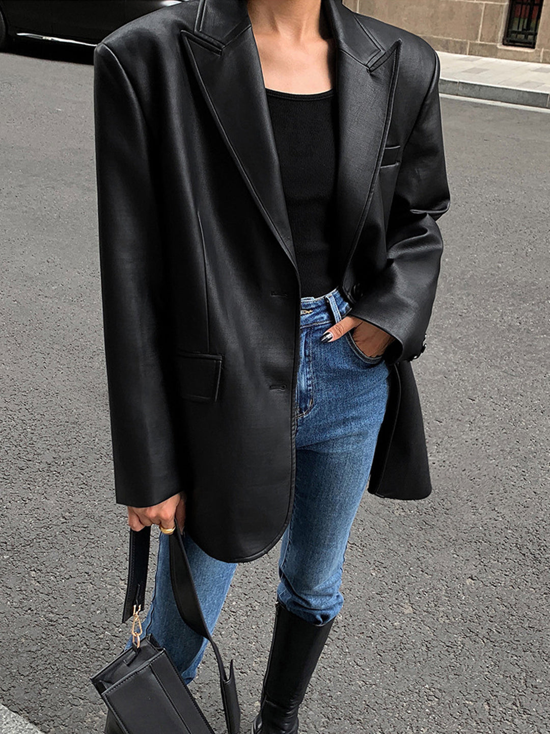 Lapel Pockets Leather Blazer  Liora Lane Boutique Blazers