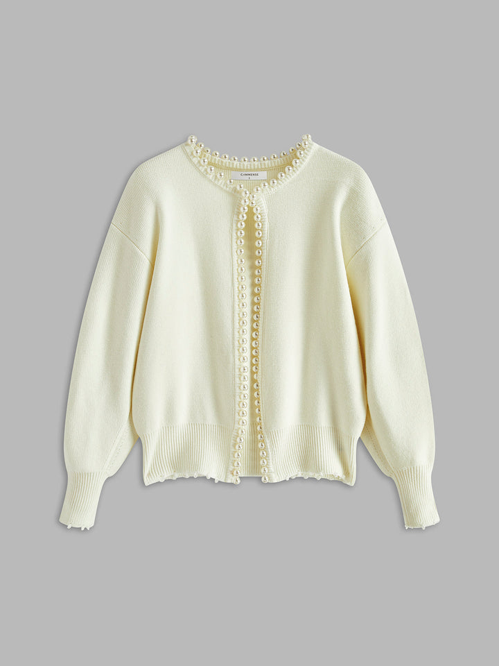 Pearl Trim Ripped Hem Cardigan  Liora Lane Boutique Cardigans