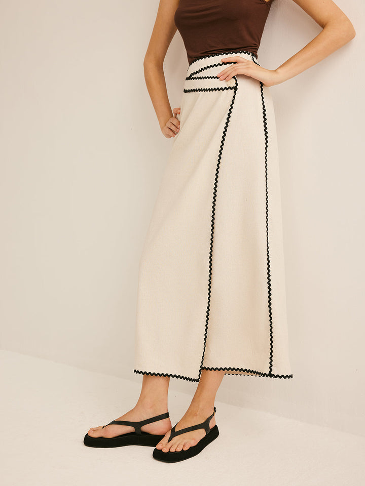 Cotton & Linen Wave Trim Midi Skirt  Liora Lane Boutique Skirts