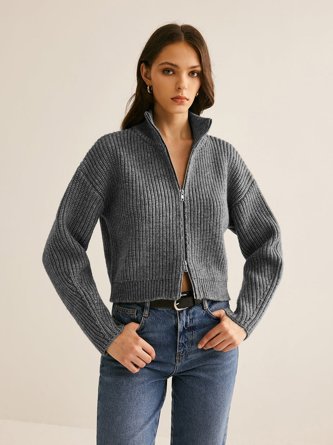 Plain Double Zip Cardigan  Liora Lane Boutique Cardigans Grey / XL 54.00