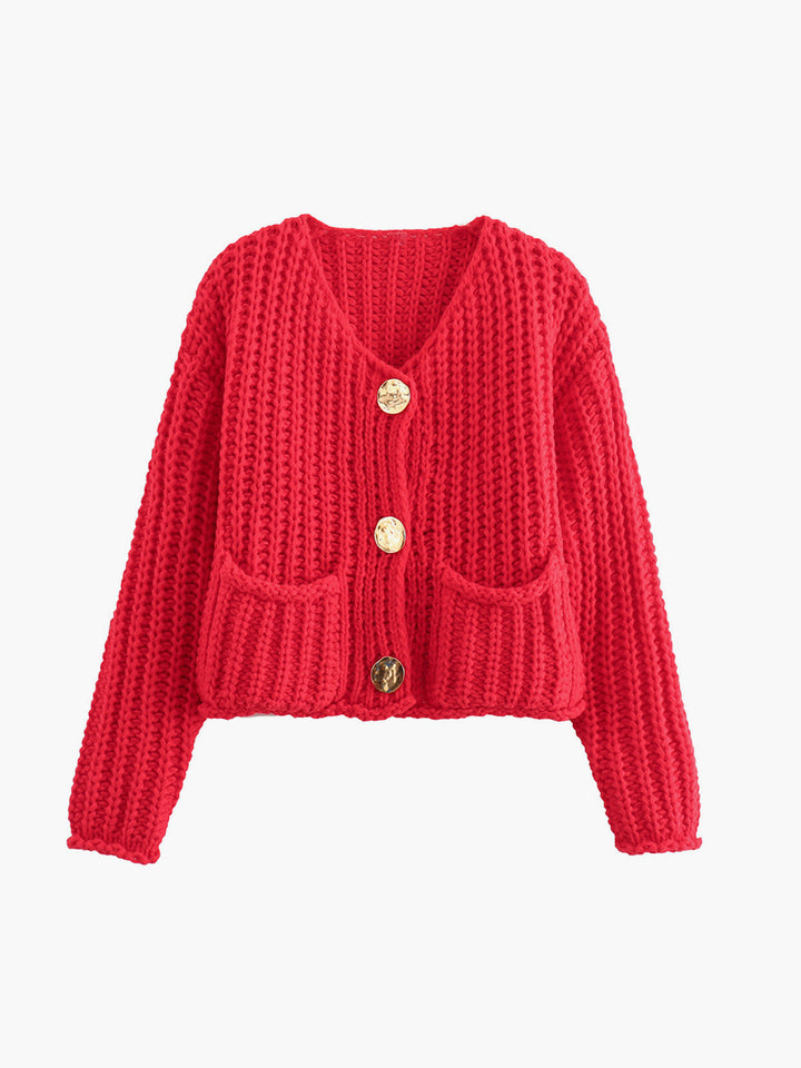 Plain Button Knit Cardigan  Liora Lane Boutique Cardigans Red / XL 48.00