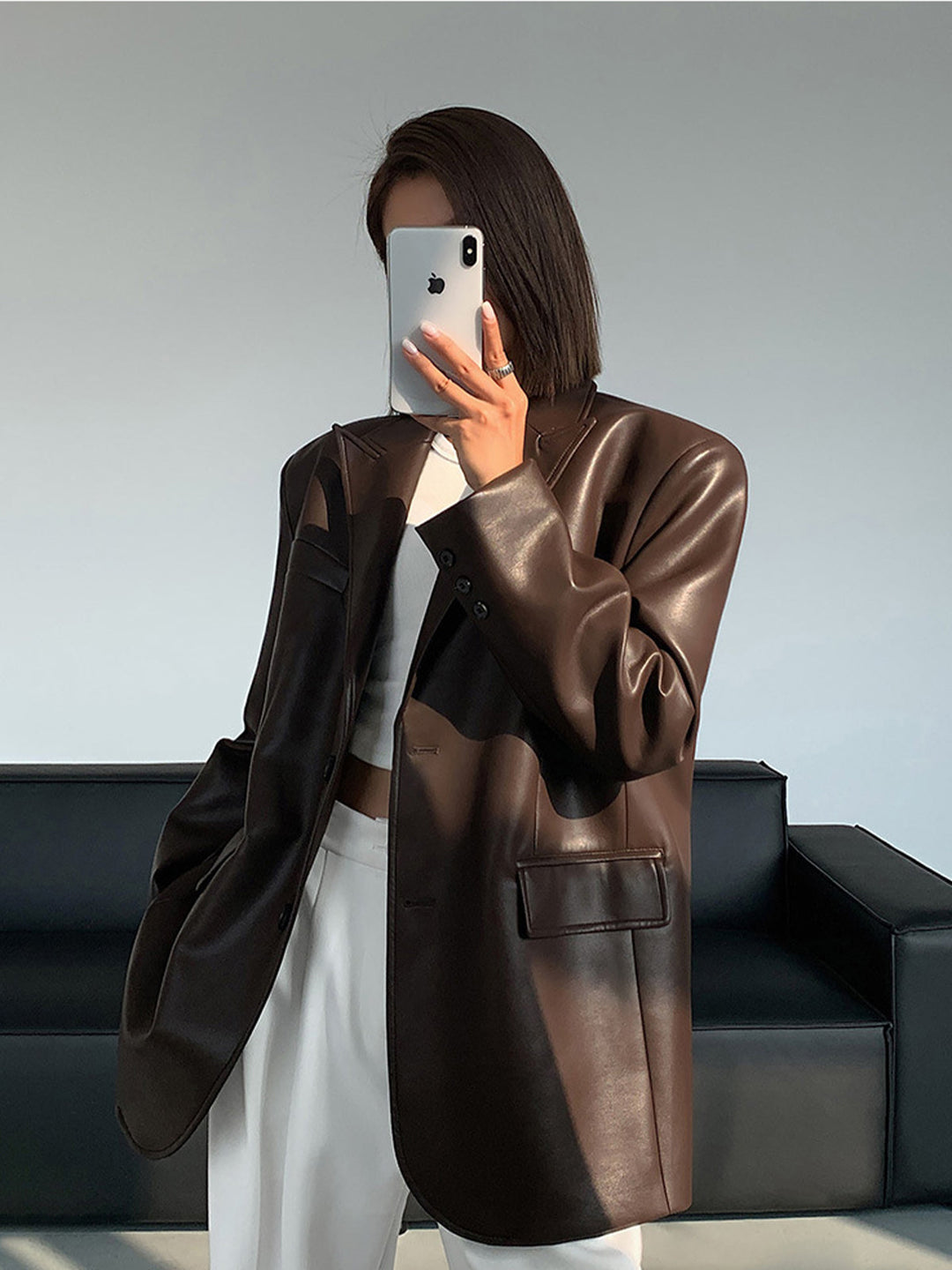 Lapel Pockets Leather Blazer  Liora Lane Boutique Blazers Dark Brown / XL 172.00