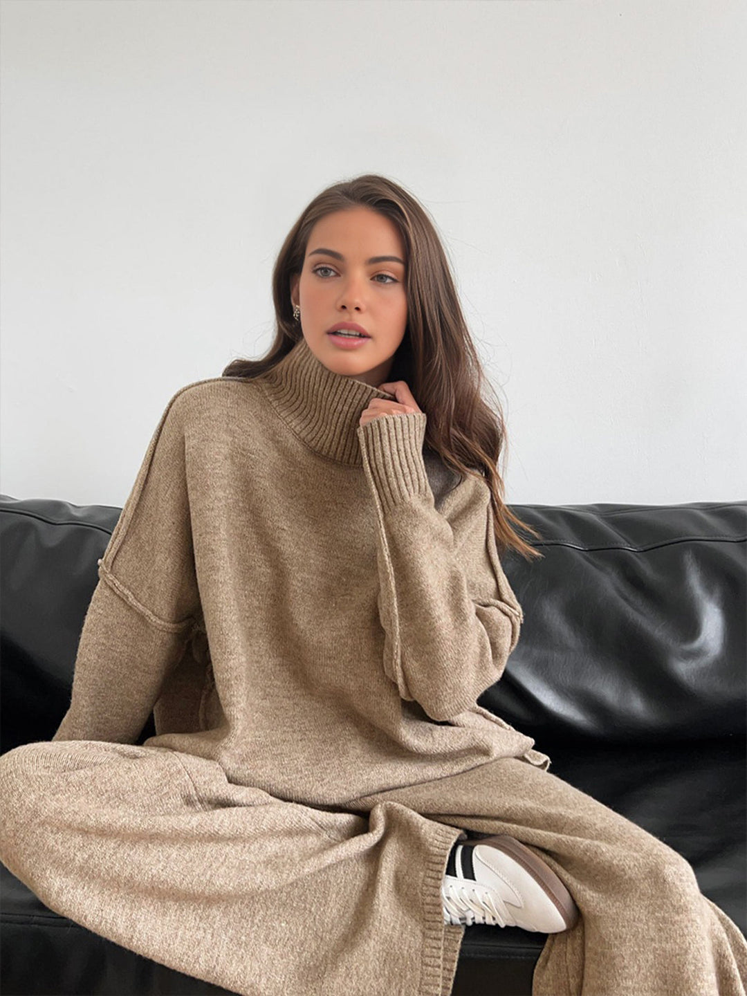 Plain Turtleneck Knit Pants Set  Liora Lane Boutique Pant Sets Camel / XL 177.99
