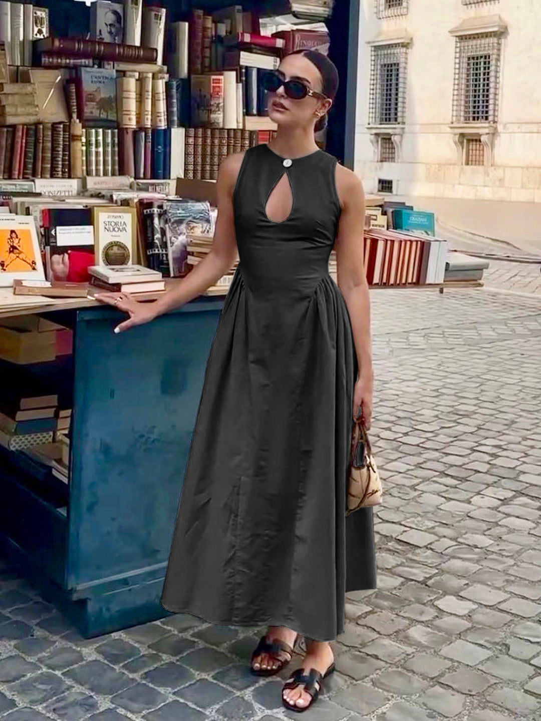 Cotton & Linen Pleated Cutout Long Dress  Liora Lane Boutique Dresses Black / XL 89.99