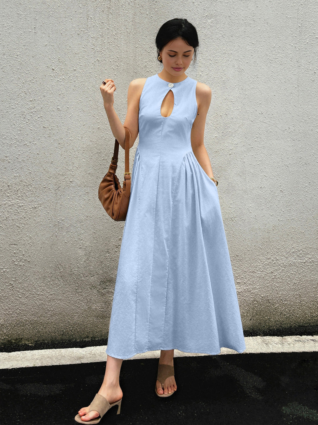 Cotton & Linen Pleated Cutout Long Dress  Liora Lane Boutique Dresses LightBlue / XL 89.99