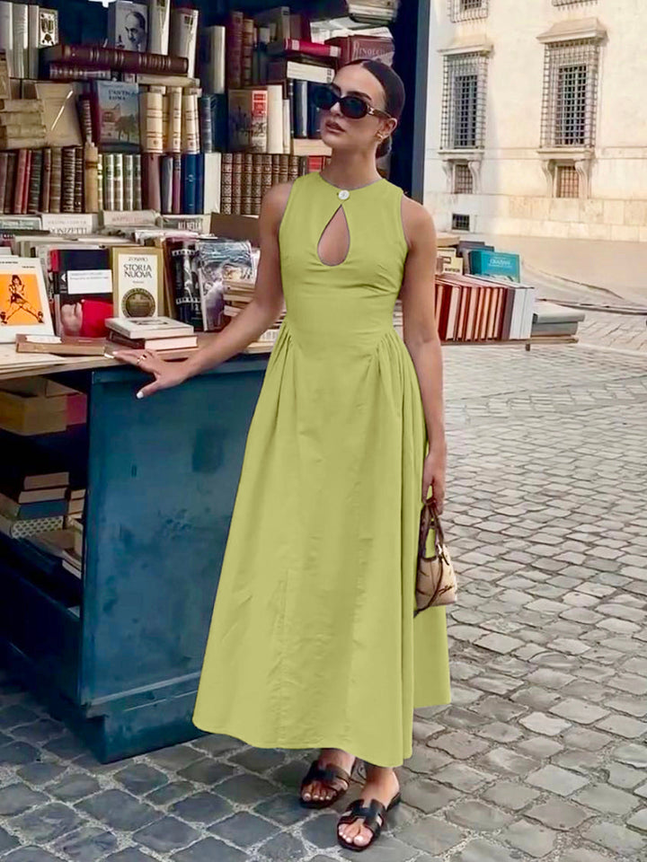 Cotton & Linen Pleated Cutout Long Dress  Liora Lane Boutique Dresses Green / XL 89.99
