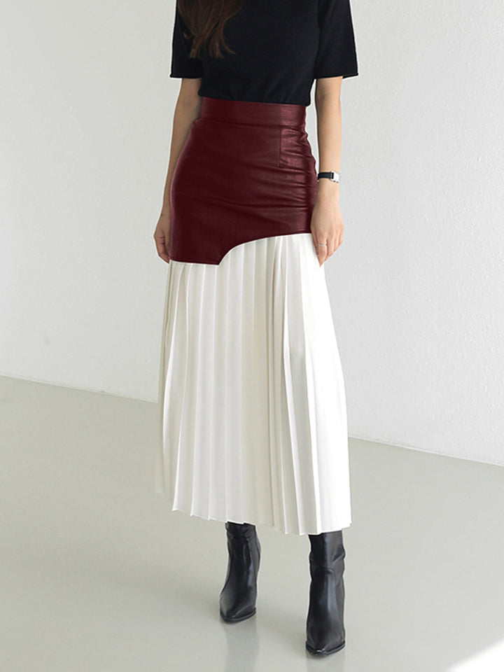 Asymmetric Patchwork Faux Leather Chiffon Pleated Maxi Skirt  Liora Lane Boutique Skirts Burgundy / L 44.00