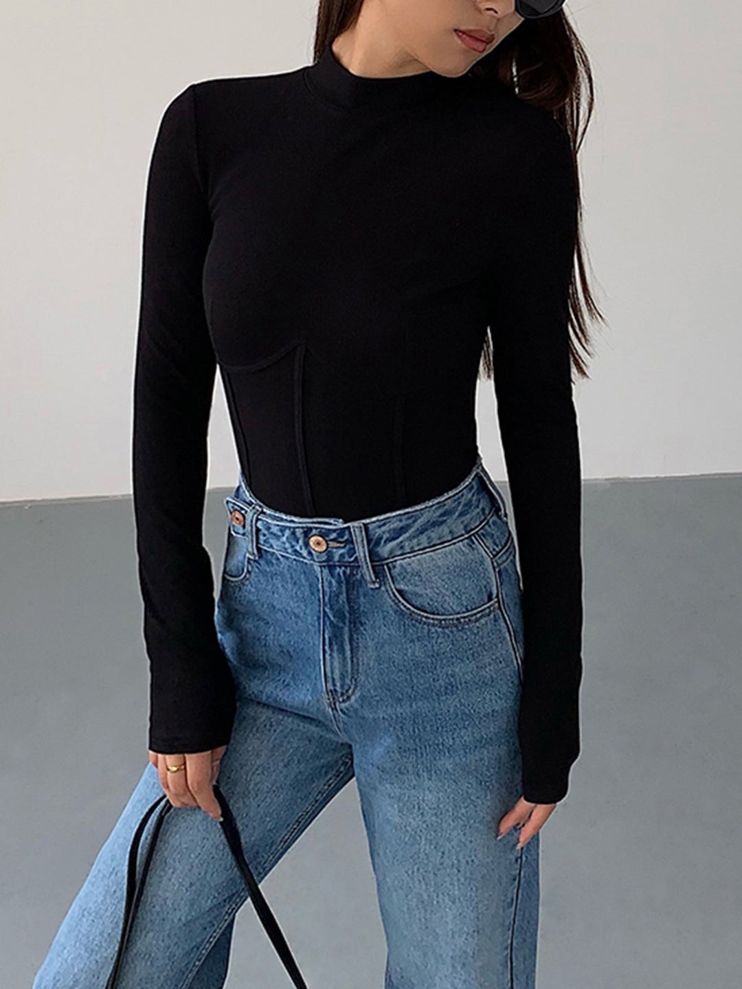 Mock Neck Piping Slim T-Shirt  Liora Lane Boutique T-Shirts Black / XL 28.00