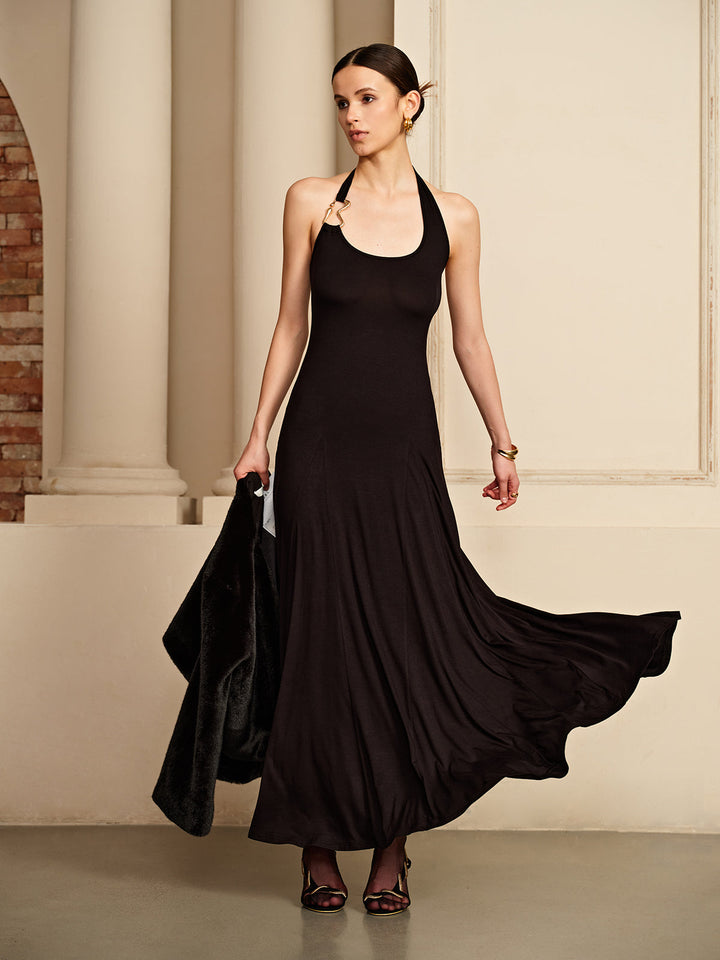 Irregular-Ring Flowy Halter Dress  Liora Lane Boutique Dresses Black / XL 48.00