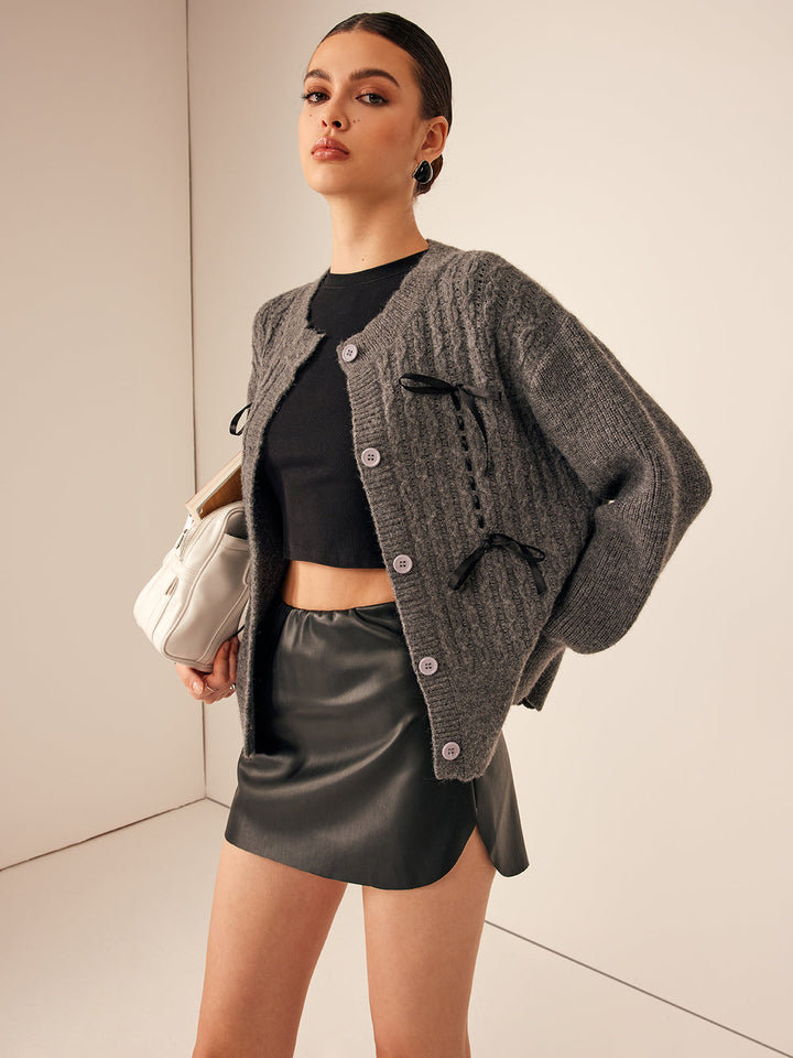 Wave Trim Bow Breasted Cardigan  Liora Lane Boutique Cardigans