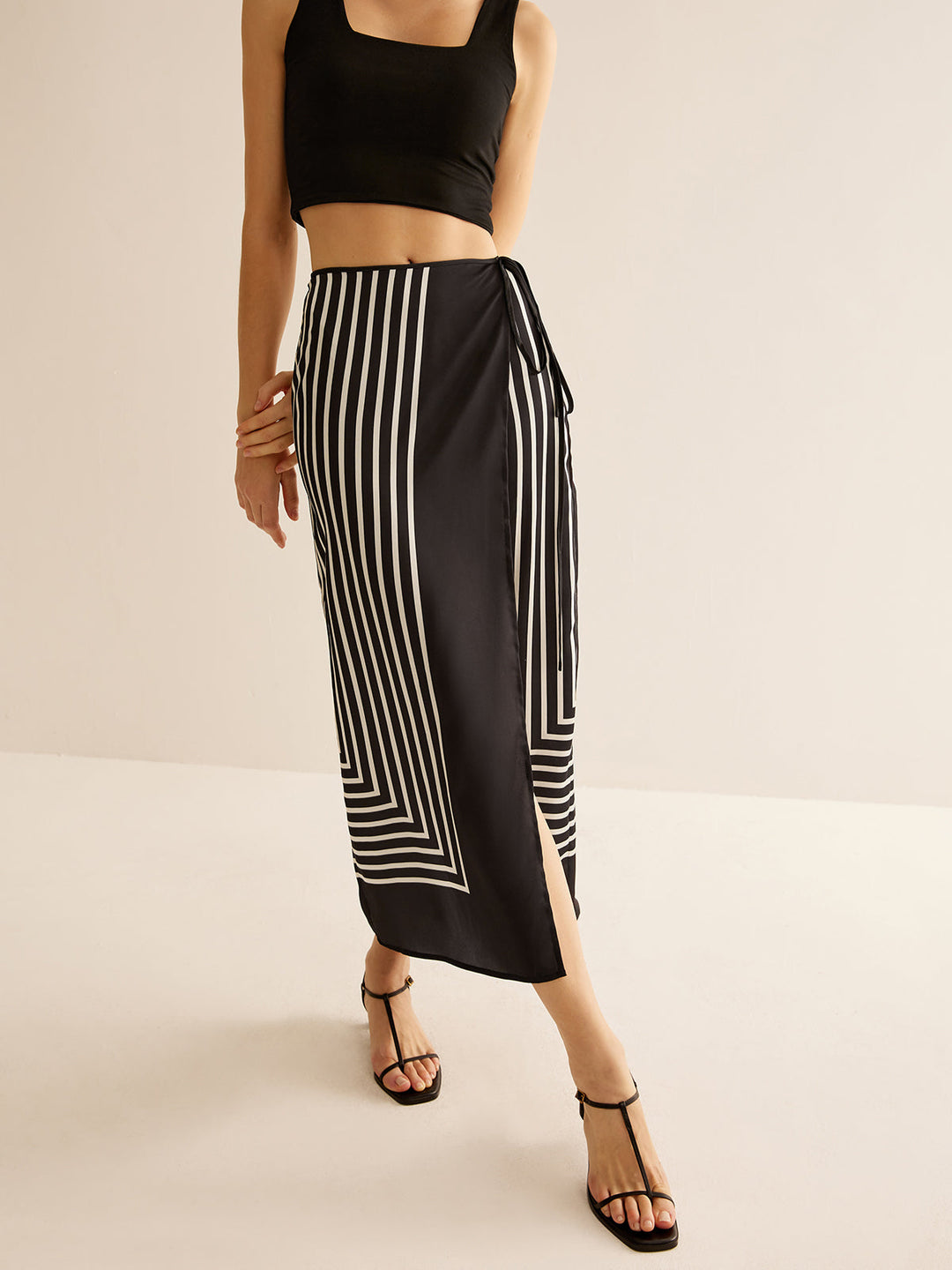 Geometric Pinstripe Satin Wrap Tie Skirt  Liora Lane Boutique Skirts