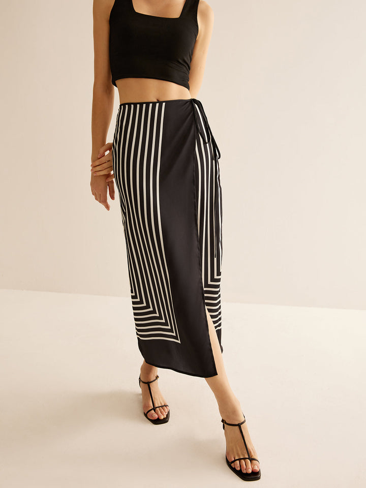 Geometric Pinstripe Satin Wrap Tie Skirt  Liora Lane Boutique Skirts