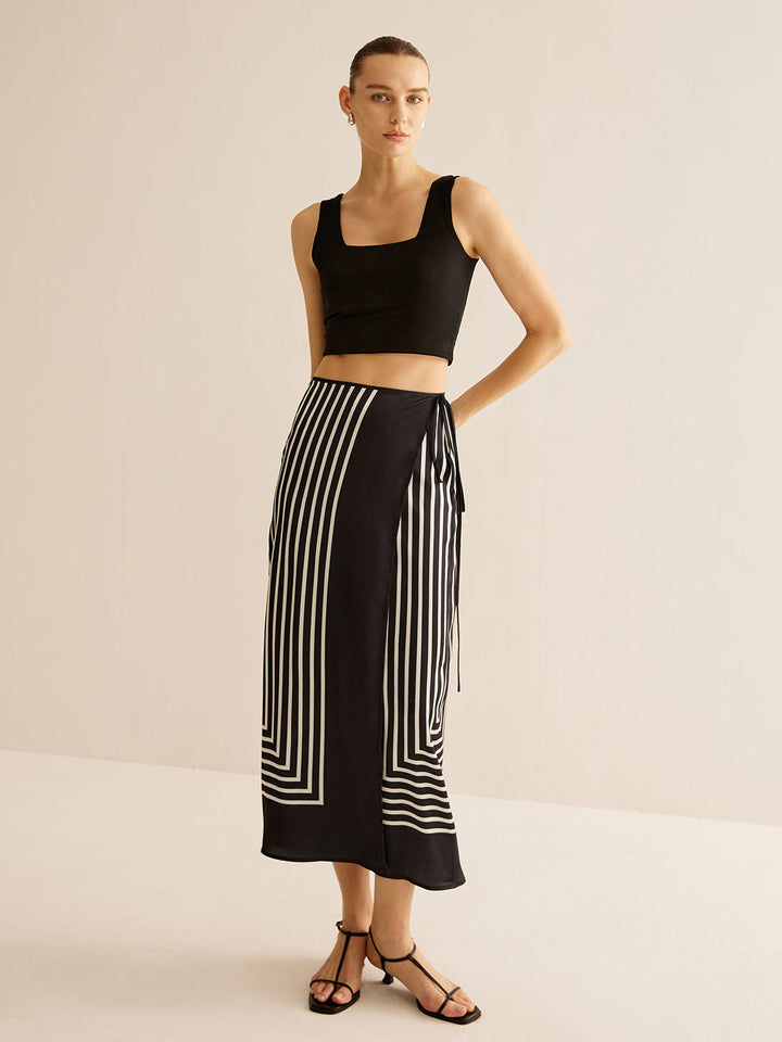Geometric Pinstripe Satin Wrap Tie Skirt  Liora Lane Boutique Skirts