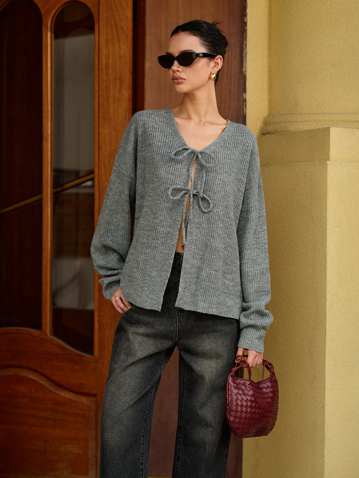 Wool-Blend V-Neck Tie Front Cardigan  Liora Lane Boutique Cardigans Grey / XL 44.00