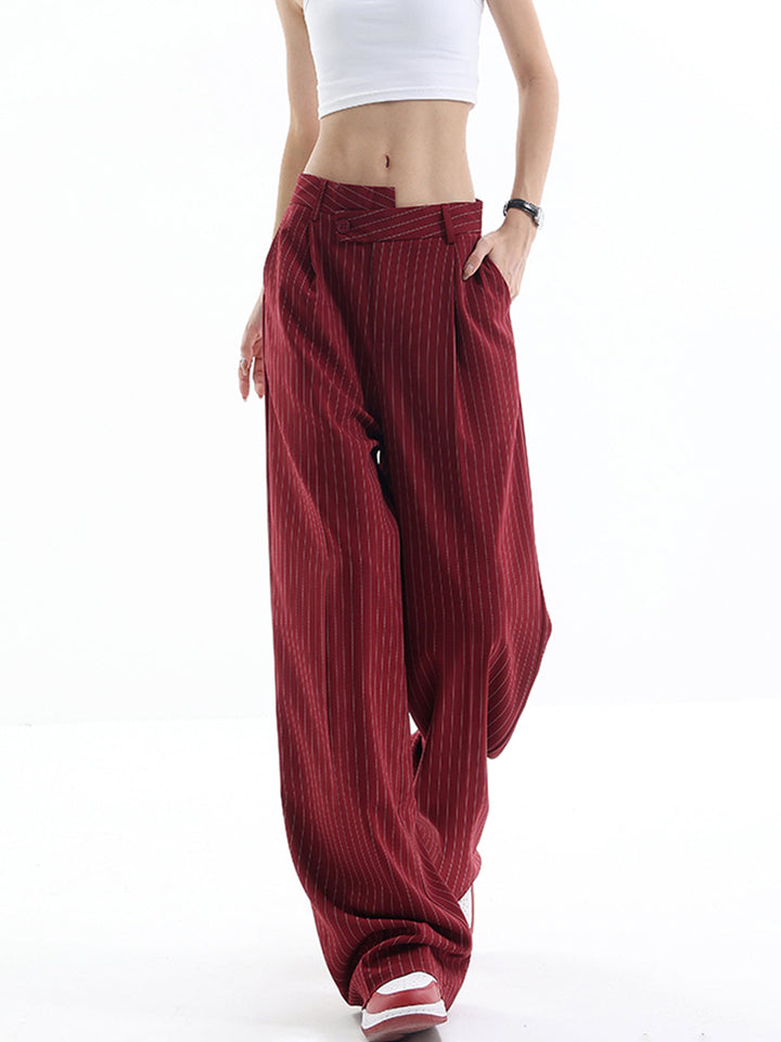 Asymmetrical High-Waist Pinstripe Pants  Liora Lane Boutique Pants Burgundy / XL 42.00
