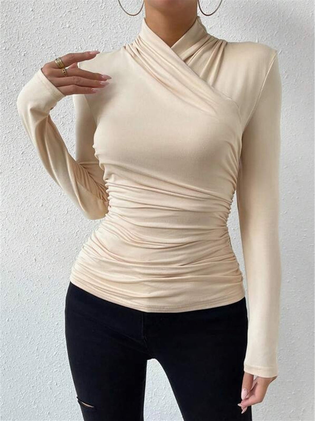 Cross-Over Collar Pleated Cinched T-Shirt  Liora Lane Boutique T-Shirts