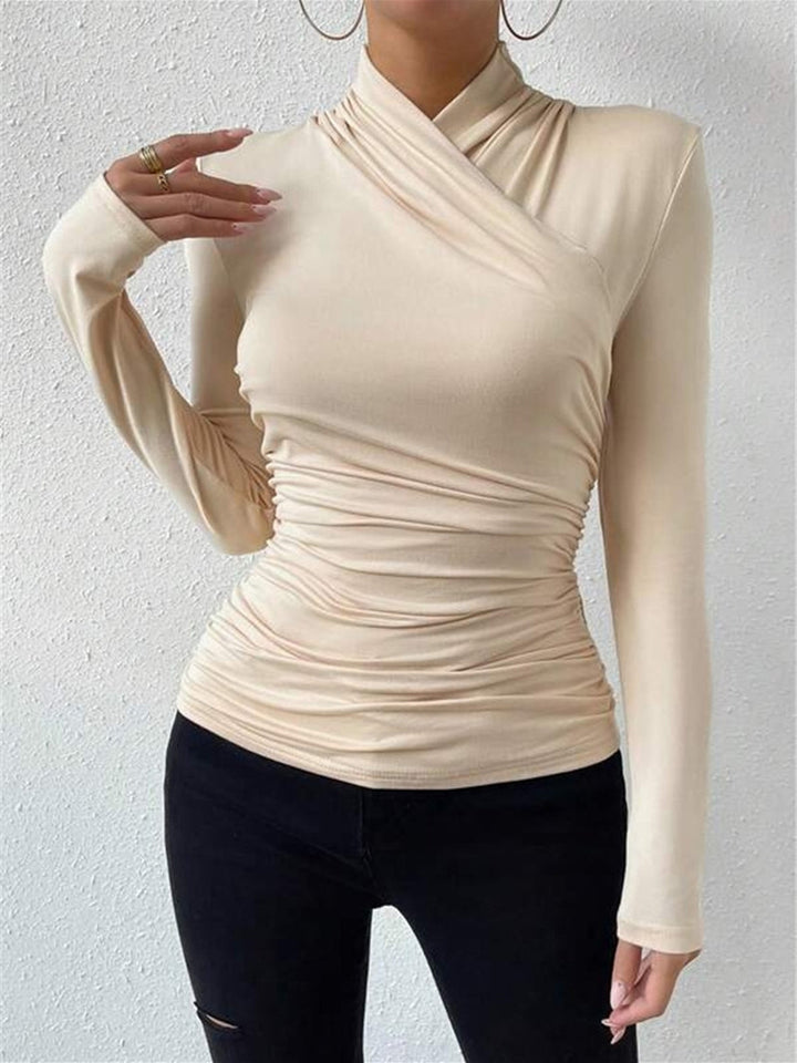 Cross-Over Collar Pleated Cinched T-Shirt  Liora Lane Boutique T-Shirts