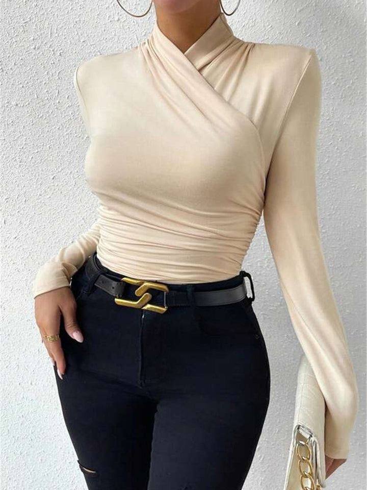 Cross-Over Collar Pleated Cinched T-Shirt  Liora Lane Boutique T-Shirts