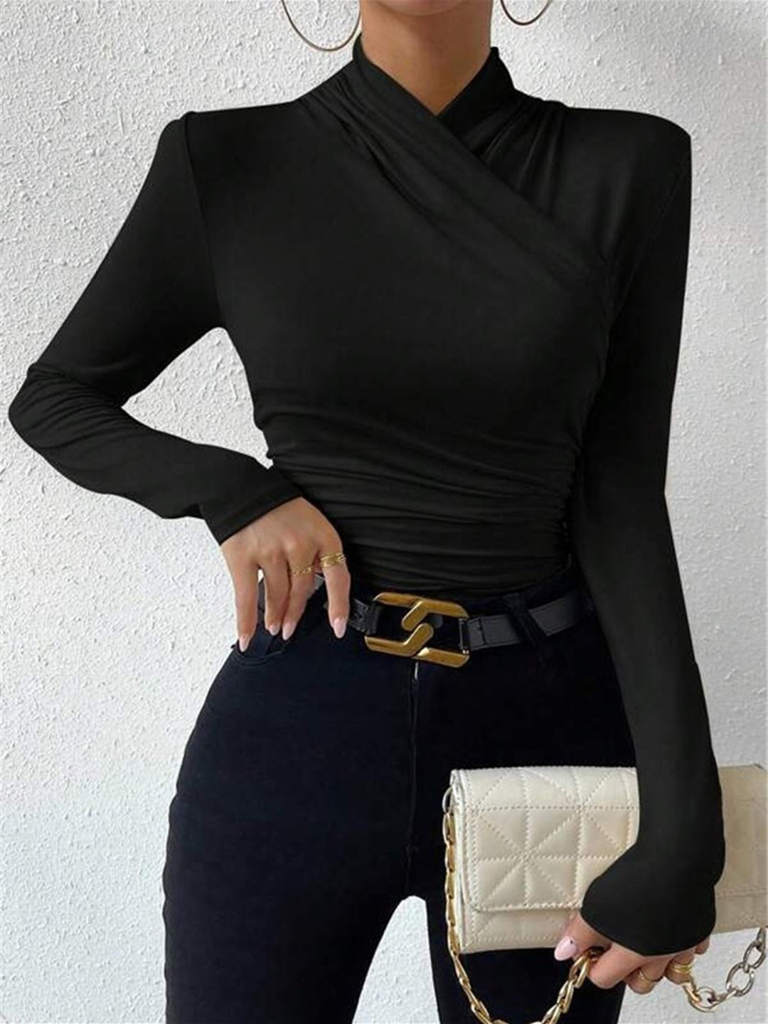 Cross-Over Collar Pleated Cinched T-Shirt  Liora Lane Boutique T-Shirts
