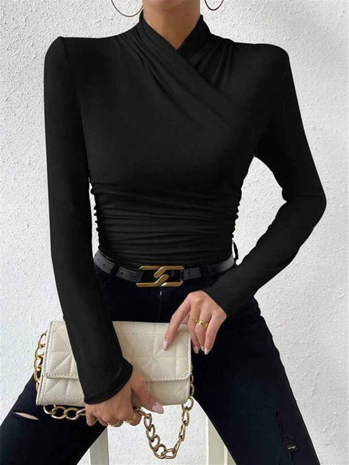 Cross-Over Collar Pleated Cinched T-Shirt  Liora Lane Boutique T-Shirts Black / XL 29.00