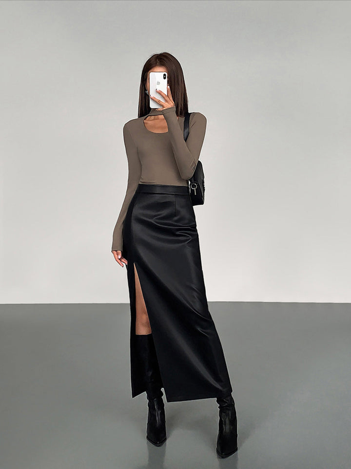 Side Split PU Leather Midi Skirt  Liora Lane Boutique Skirts