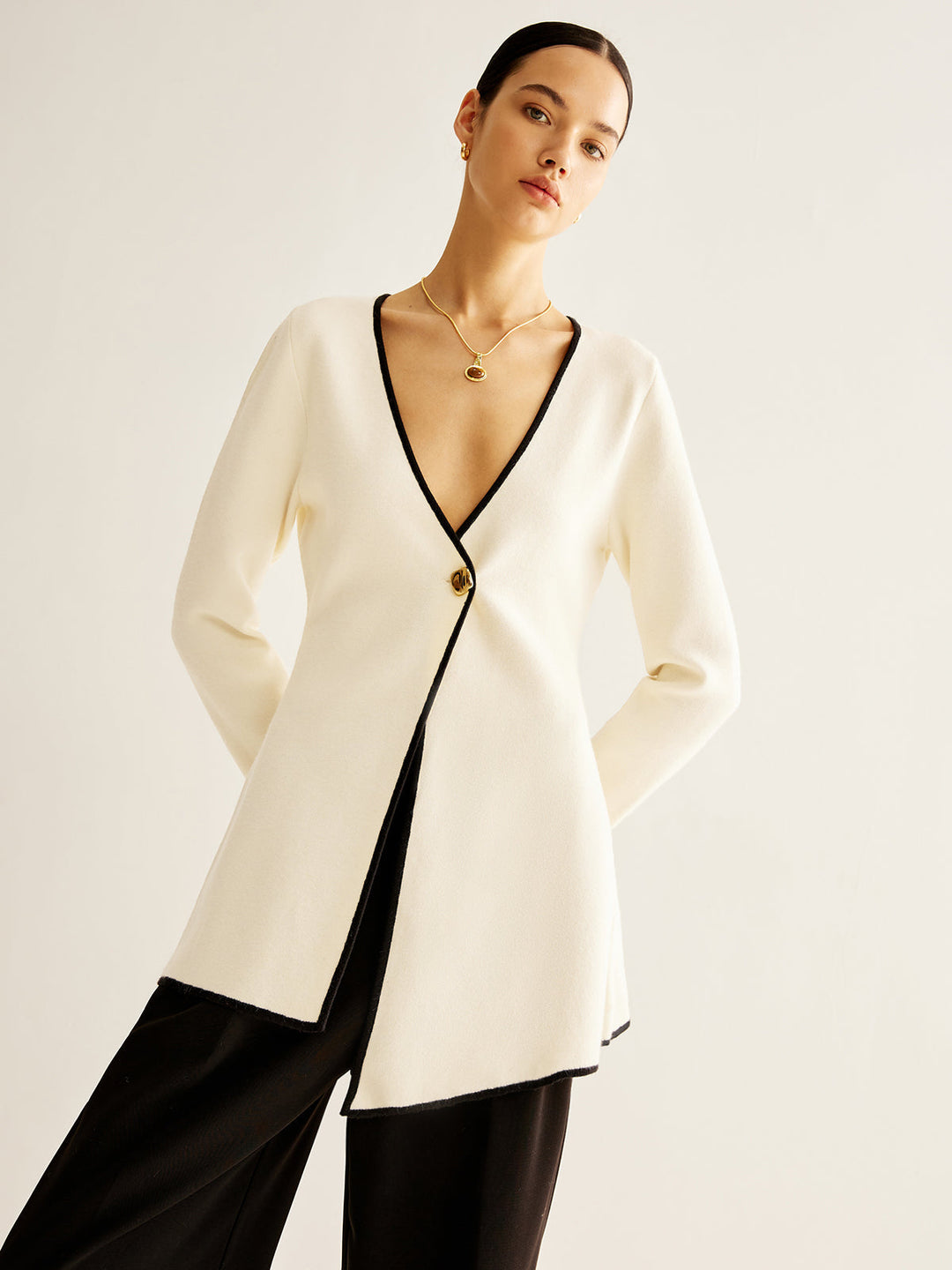 Wool-Blend Contrast Trim Slit Cardigan  Liora Lane Boutique Cardigans